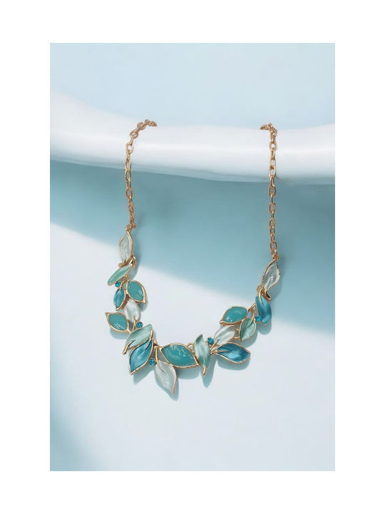 Necklace Gold Leaves Flowers Turquoise Strass