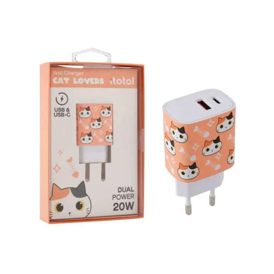I-Total Φορτιστής Χωρίς Καλώδιο με Θύρα USB-A και Θύρα USB-C 20W Πορτοκαλί (Orange Cat)