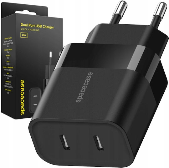 Spacecase Ladegerät ohne Kabel mit 2 USB-C Anschlüsse 20W Schwarzς (SC010B)
