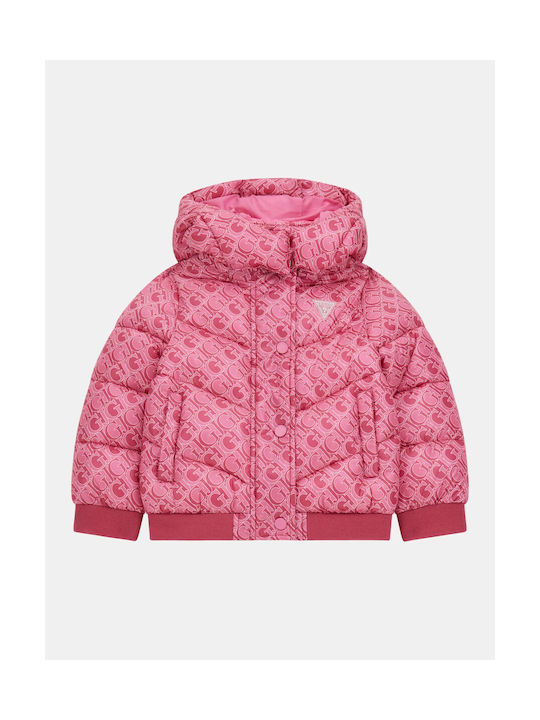 Guess Kids Quilted Jacket with Hood Pink Logo