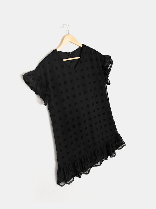 Mini Textured Polka Dot Black Dress