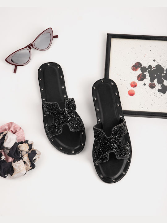 Women's Flat Sandal with Black Rhinestones