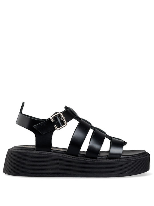 Envie Shoes Leather Women's Flat Sandals with Strap Flatforms in Black Color