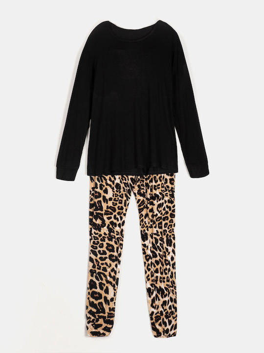 Set de pijama cu imprimeu de leopard negru