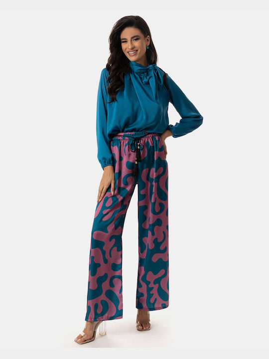 High-Waisted Satin Blue Printed Trousers