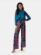 High-Waisted Satin Blue Printed Trousers