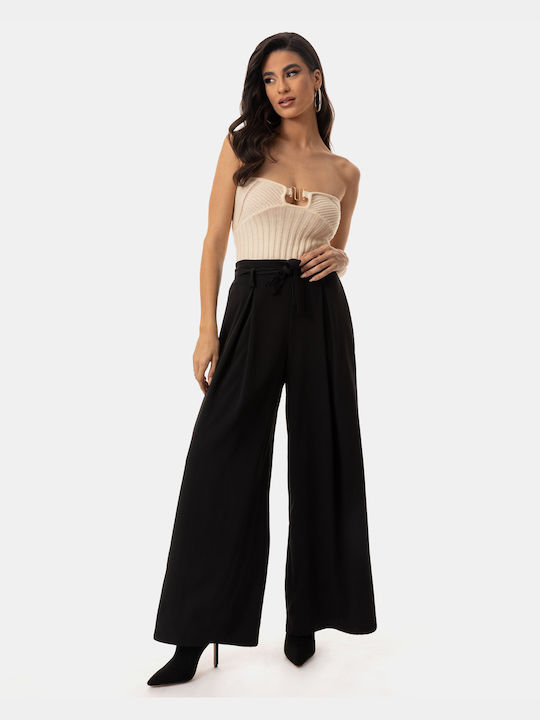 High-waisted Trousers with Pleats and Belt, Black Black