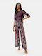 High-Waisted Satin Printed Purple Trousers