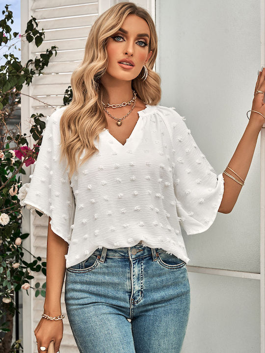 Blouse Embossed Polka Dot White