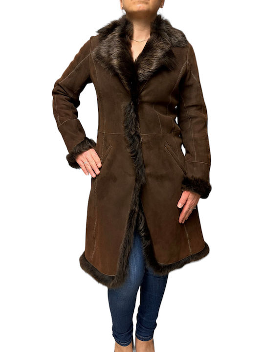 Mouton Damen Coffee Mantel mit Fellbesatz