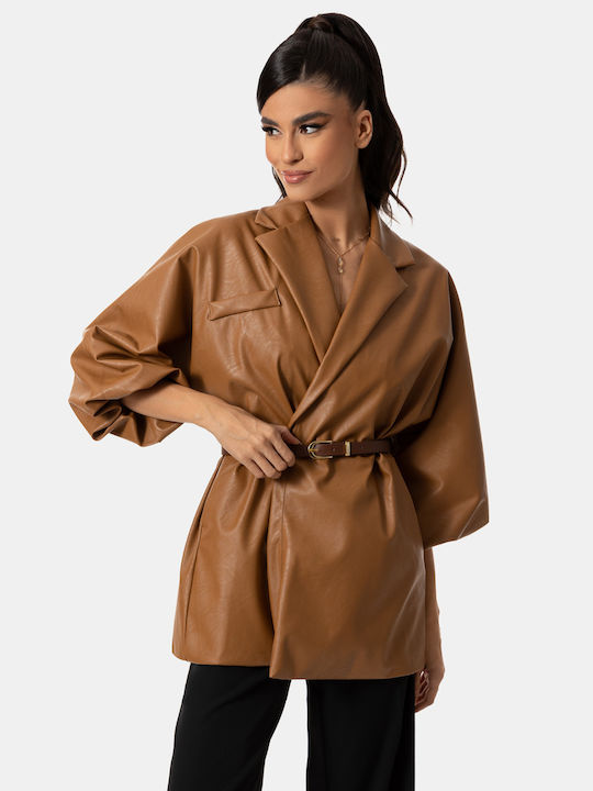 Σακάκι Δερματίνη Oversized Ζώνη Κάμελ Κάμελ