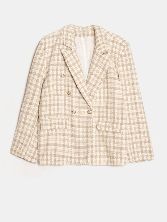 Beige Plaid Blazer with Silver Buttons