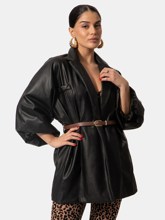 Σακάκι Δερματίνη Oversized Ζώνη Μαύρο Μαύρο