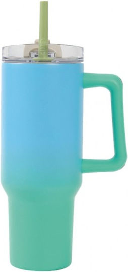 I-Total Handled Tumbler Thermos Stainless Steel 1.2lt Green blue with Straw and Handle