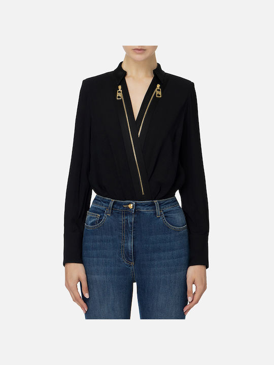 Elisabetta Franchi Wrap Long Sleeve Bodysuit Black