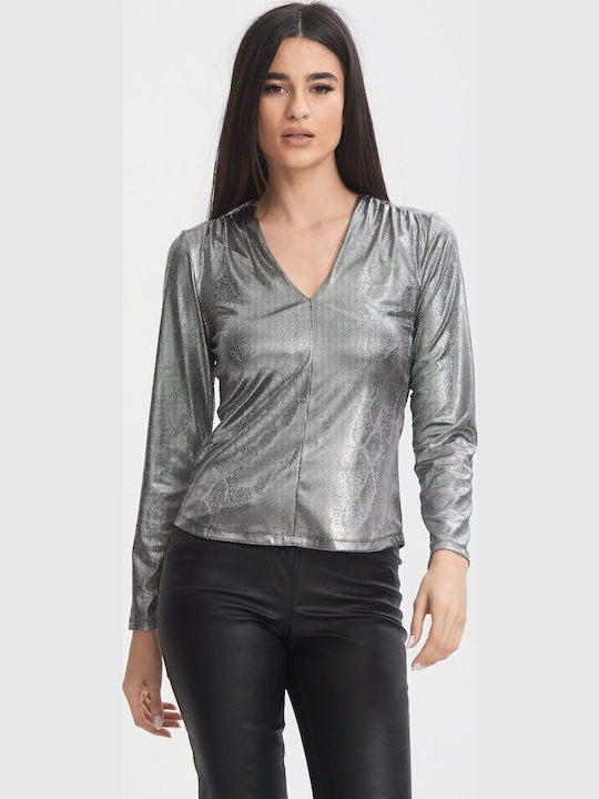 Women's Blouse with V Neckline Silver