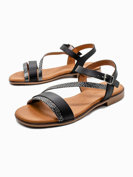 Leder Flache Sandalen für Damen Anatomisch in Schwarz Farbe