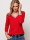 Heavy Tools Women's Blouse Cotton with V Neckline Red