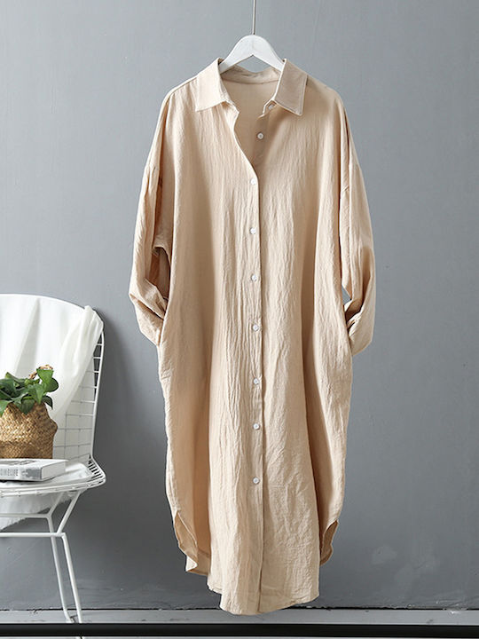 Shirt Dress Midi Linen Oversized Beige Beige
