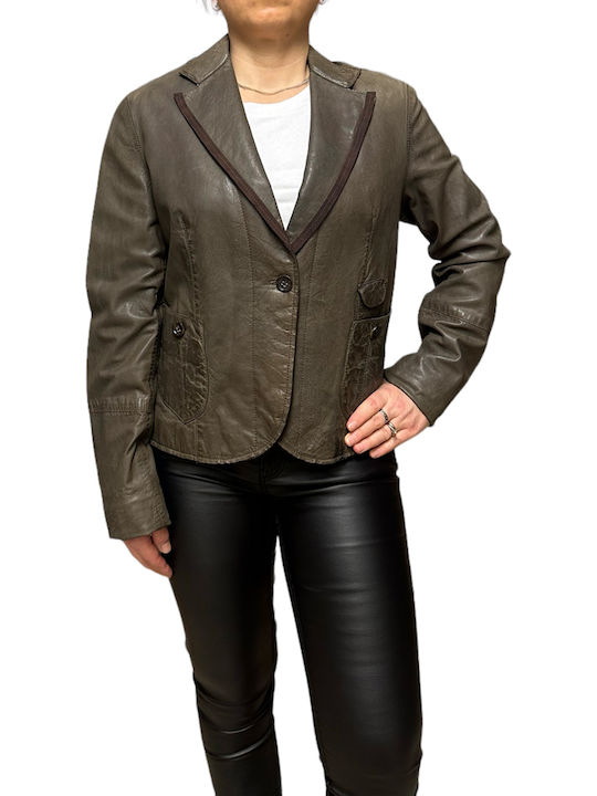 MARKOS LEATHER Κοντό Γυναικείο Δερμάτινο Μεσάτο Σακάκι Καφέ