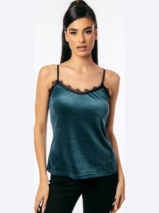 Boutique Damen Bluse Samt mit Spitze Petrol