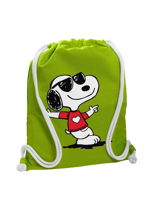 Rucsac sport Snoopy inimă, geantă de sală, buzunar verde lime, 40x48cm și șnururi groase