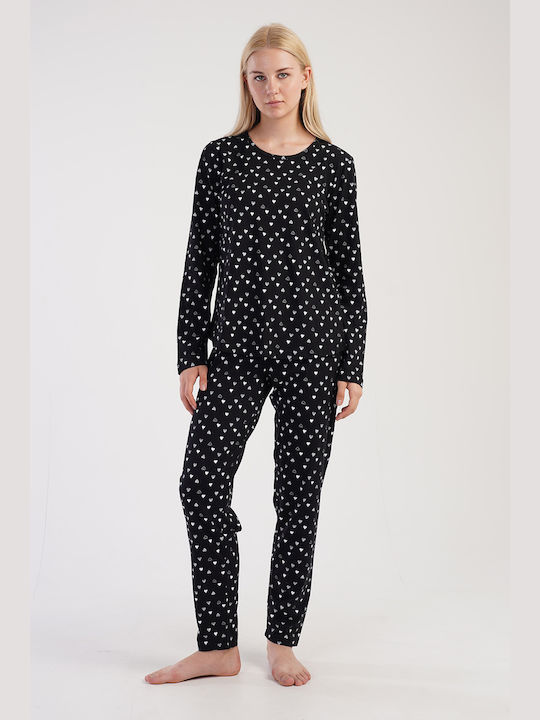 Vienetta Damen Winter Baumwollpyjamas Herzen-304164 Schwarz