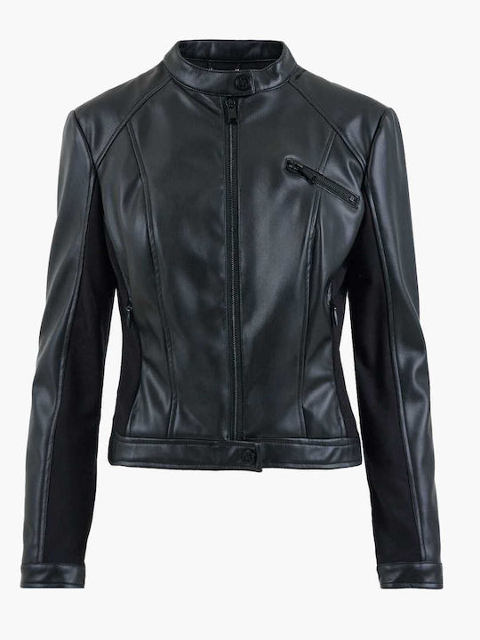 Guess Women's Short Bomber Leather Jacket for Spring or Autumn BLACK