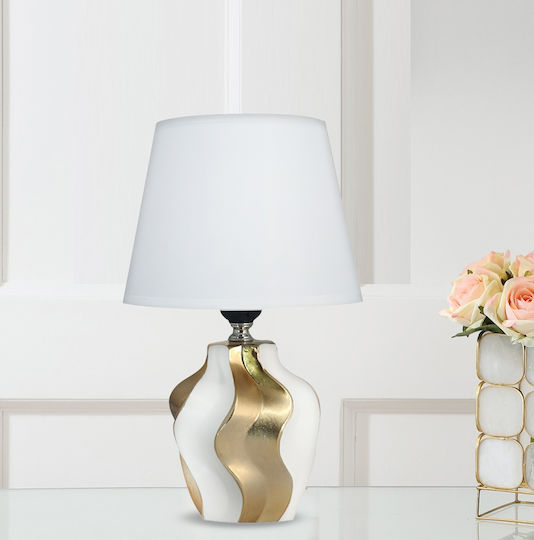 Powertech Keramik Tischlampe für Fassung E27 mit Weiß Schirm und Gold Basis 10Stück