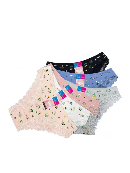 Βαμβακερά Γυναικεία Slip 3Pack με Δαντέλα Λευκό-σομόν-μπλέ