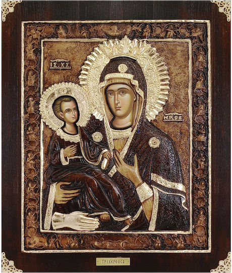 Wooden Icon of Panagia Tricherousa with Embossed Gold Leaves 33x39cm