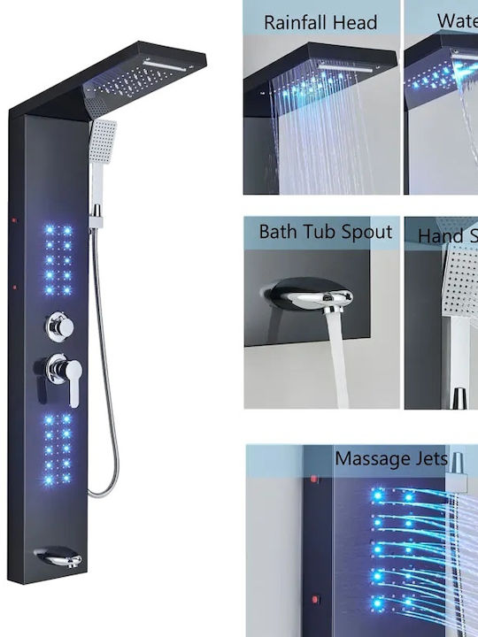 Panou de duș cu LED-uri, ploaie, cascadă, masaj corporal, spațiu negru 6002