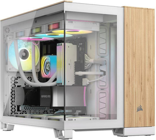 Corsair 2500X Gaming Micro Tower Computer Case with Side Window White Bamboo Wood