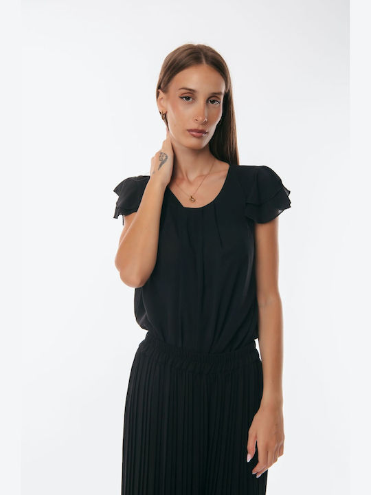 Schwarze Bluse mit Rüschen und kurzen Ärmeln, Einheitsgröße