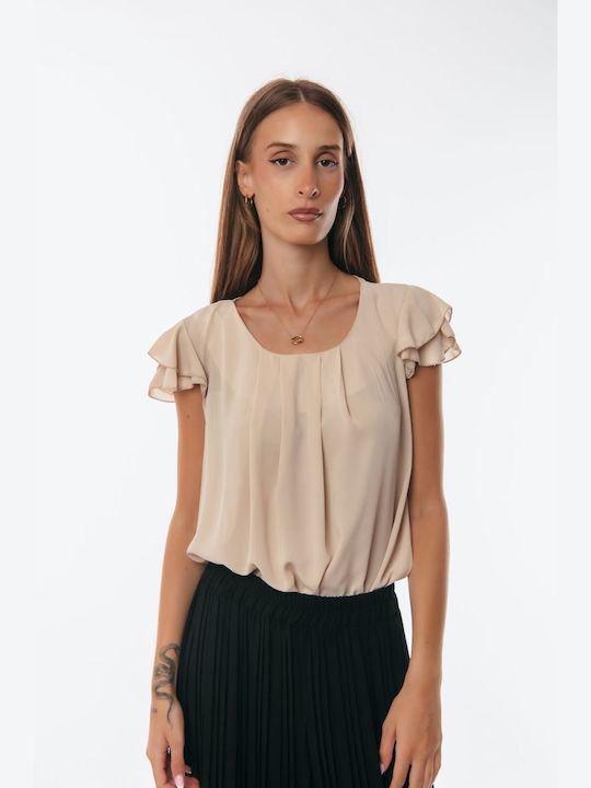 Blouse with Short Ruffled Beige One Size