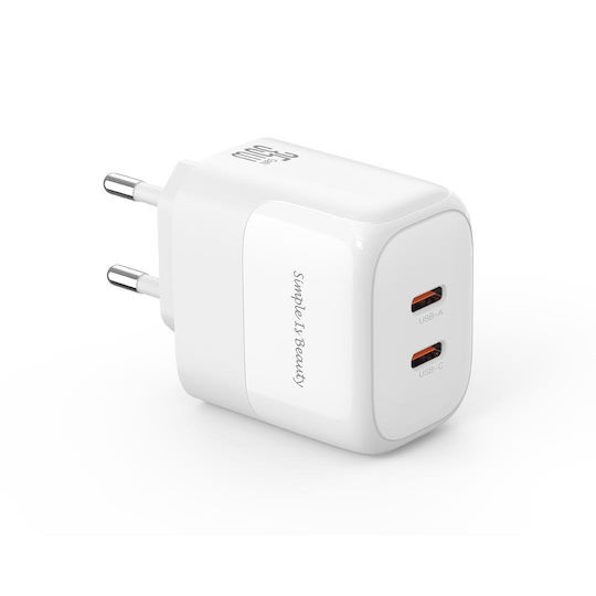 XO Φορτιστής Χωρίς Καλώδιο GaN με 2 Θύρες USB-C 35W Quick Charge 3.0 Λευκός (L140)