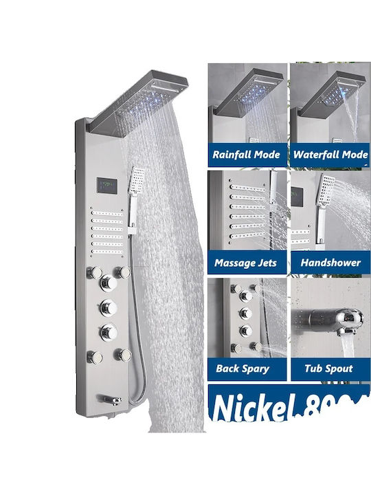 LED Duschpaneel Wasserfall Regenfunktion Digitale Anzeige Gebürstetes Nickel 8004