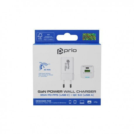 Prio Charger Without Cable GaN with USB-A Port and USB-C Port 35W Power Delivery Whites (ORI.001.30.011)