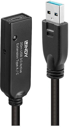 Lindy USB 3.0 Cablu USB-A - USB-C female Negru 20m 43375
