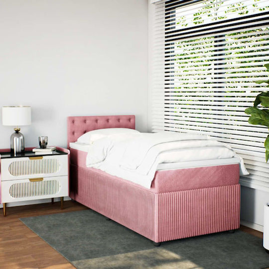 Single Upholstered Bed with Fabric Pink with Slats & Mattress 100x200cm