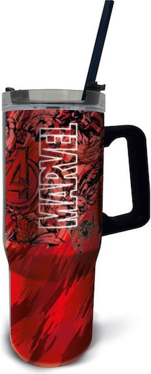 Stor Marvel - Pattern XL Rambler Handled Tumbler Θερμός Ανοξείδωτο 940ml Κόκκινο με Καλαμάκι και Λαβή