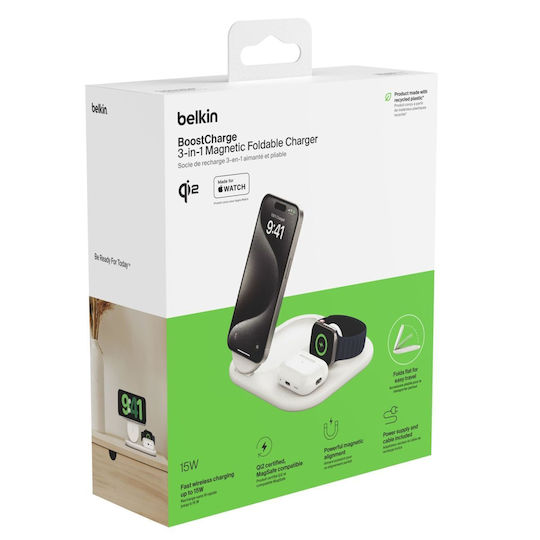Belkin Wireless Charger Qi2 15W Whites (BoostCharge 3-in-1 Magnetic Foldable Qi2)