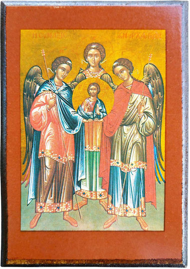 Synaxis der Erzengel Michael Gabriel Raphael Ganzkörper "Ikonenrahmen Kategorie Papier Krn Nr. 00 Dimension 6,5 cm x 9,5 cm" Ikone Holz MDF S&K Byzantinische Ikonen