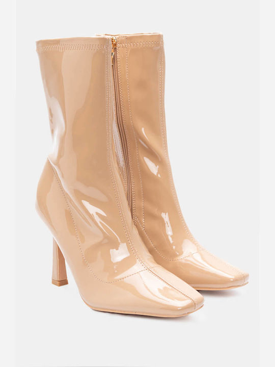 Patent Leather Ankle Boots with Front Stitching 4307402-beige