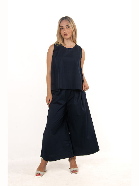 Sleeveless Zip Culottes Set Blue