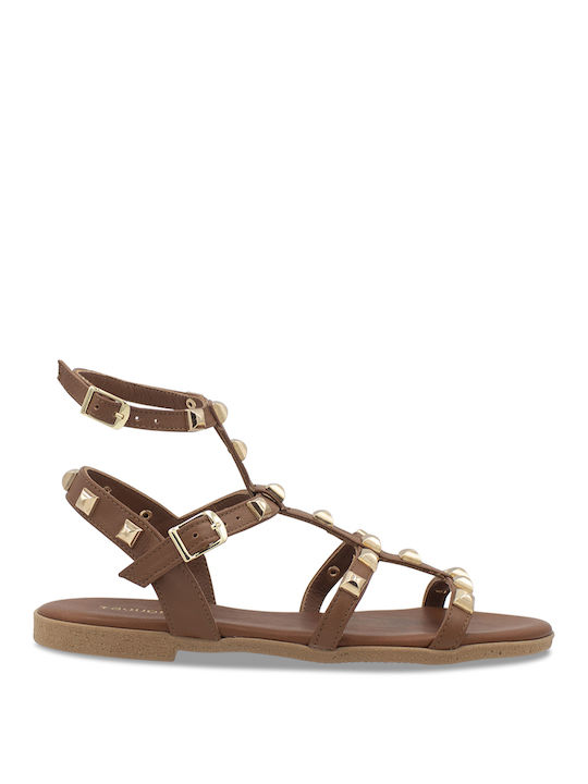 Tsouderos Shoes Leather Women's Flat Sandals in Brown Color