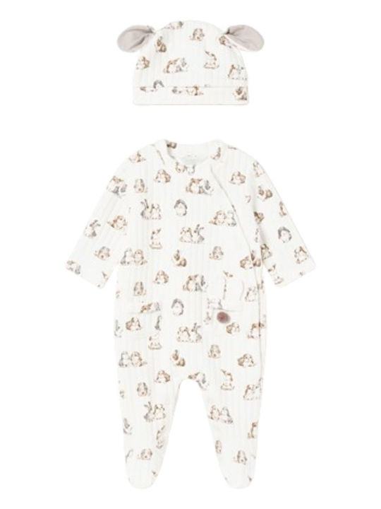 Mayoral Baby Bodysuit Set Long-Sleeved with Cap Raw, Ecru 2pcs