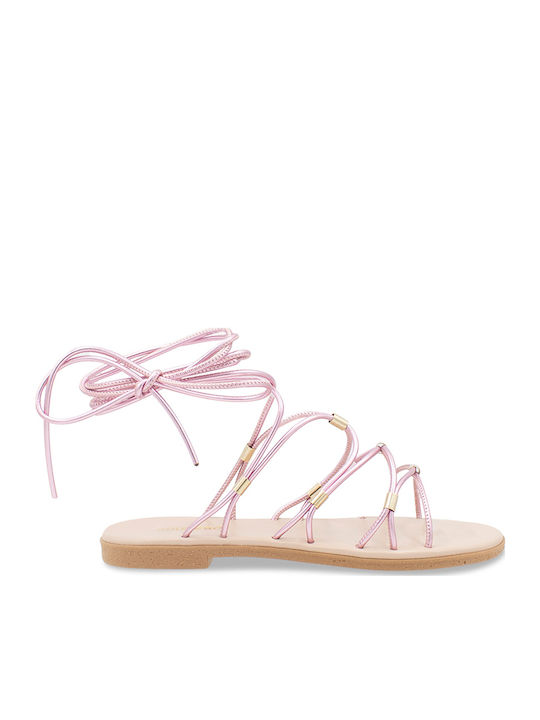 Leather Women's Flat Sandals in Pink Color