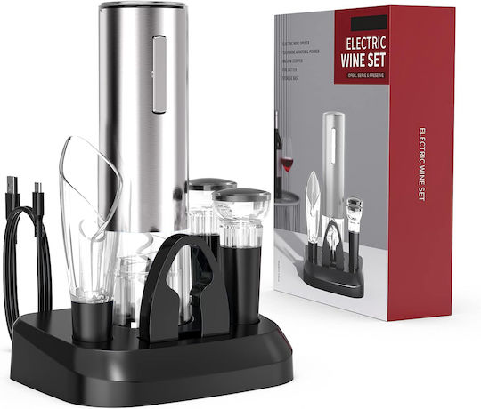 Deschizător electric de vin Vittalist cu accesoriu tăietor de folie reîncărcabil, aerator, pompă de vid și dop gri