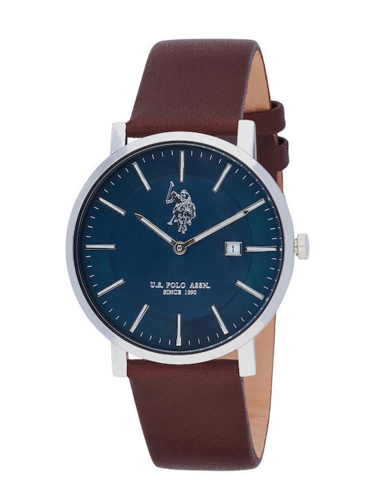 U.S. Polo Assn. Ανδρικό Ρολόι Μπαταρίας με Καφέ Δερμάτινο Λουράκι